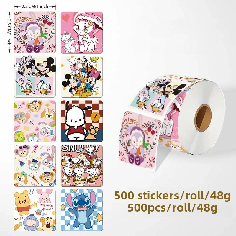 1inch 500PCS/roll Mickey Winnie the Pooh Marie Cat Sticker Handcraft Reward Cartoon Decorative Sticker Bakery Packing Decoration