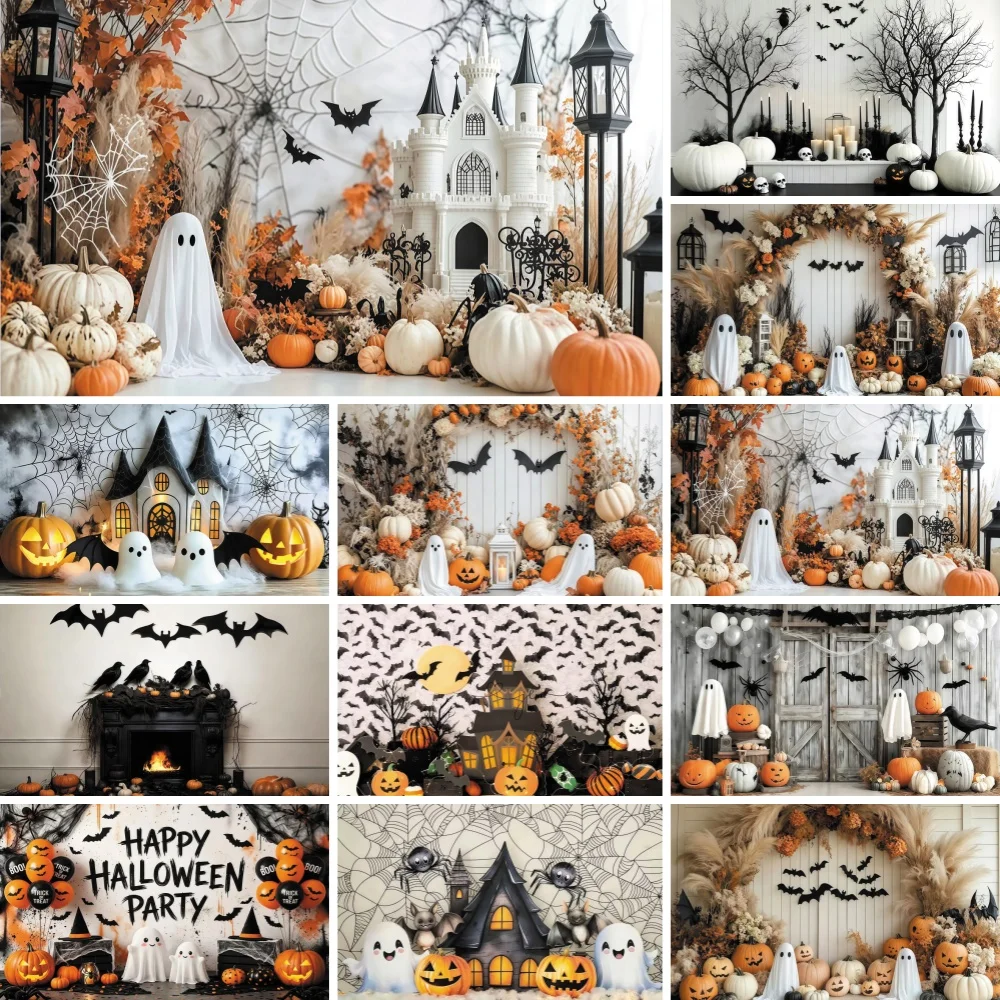 Halloween Backdrop White Ghost Pumpkin Castle Spider Web Bat Party Decor Photography Background Photo Booth Studio Banner Props