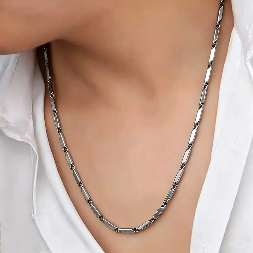 HNSP 316L Stainless Steel Men Necklace Bamboo Rice Bead Chain Silver Color Waterproof Simple Link Chain For Men Women Jewelry