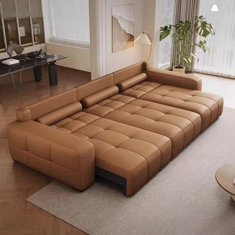 

Electric retractable Italian minimalist living room top layer cowhide sofa bed small apartment against the wall