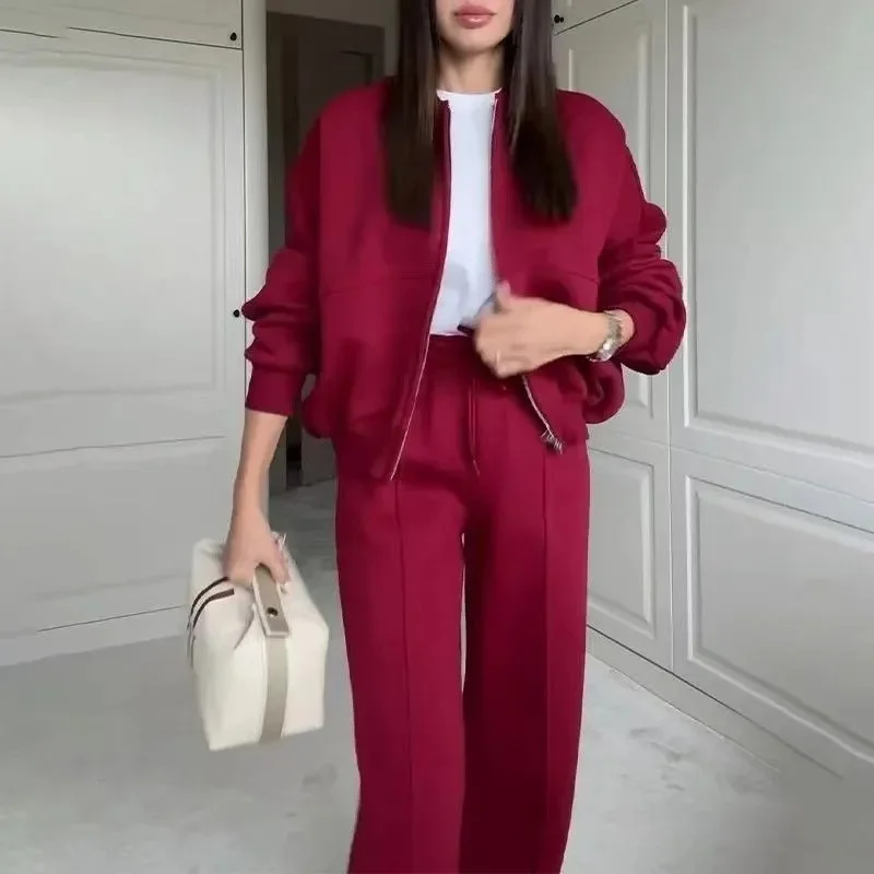 

Ladies Long Sleeve Straight-leg Two-piece Set Korean Women Round Neck Trousers Outfit Spring Femme Fashion High Waist Pants 2PCS