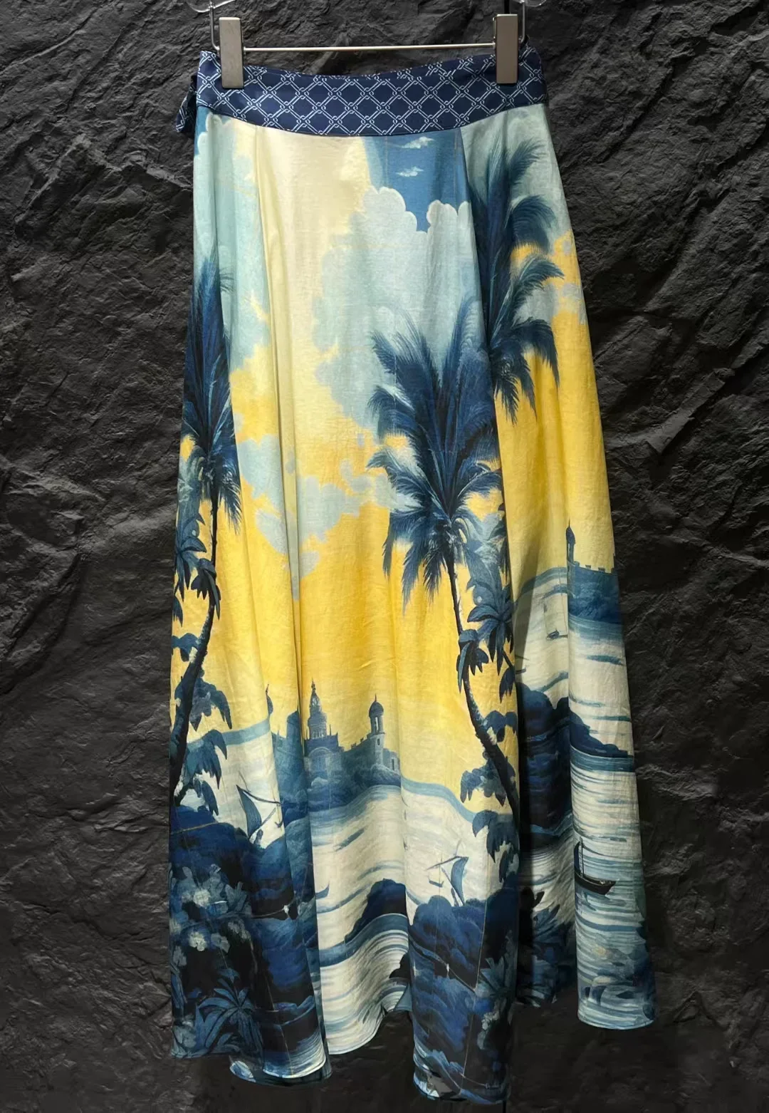 Długa spódnica damska w stylu retro z nadrukiem, z zakładaną talią, luźna, w kształcie litery A, modna spódnica