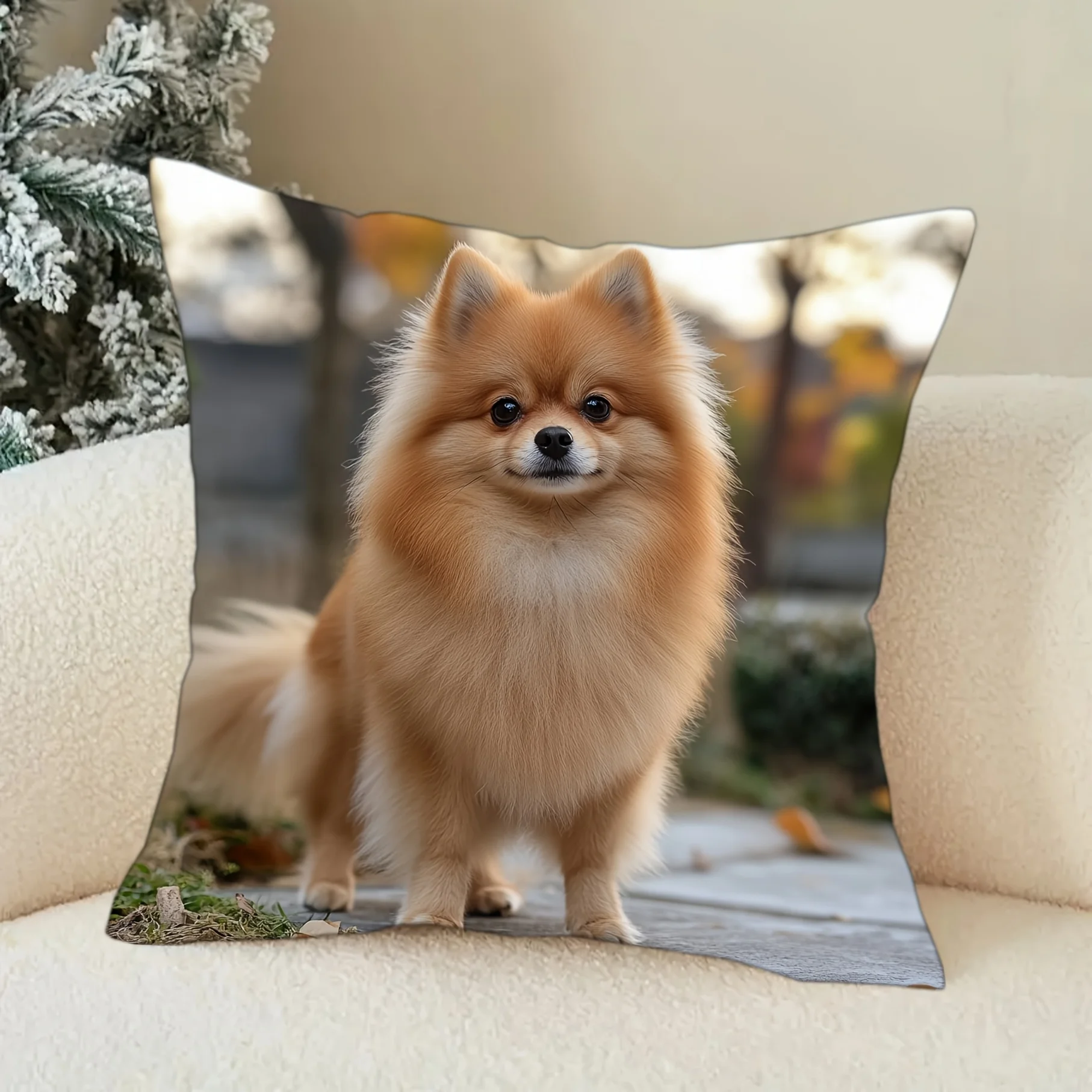 Cute Pomeranian Pillow Case, Fluffy Dog Photo Cushion Cover, Pet Lover Decor for Sofa Bedroom Living Room Gift