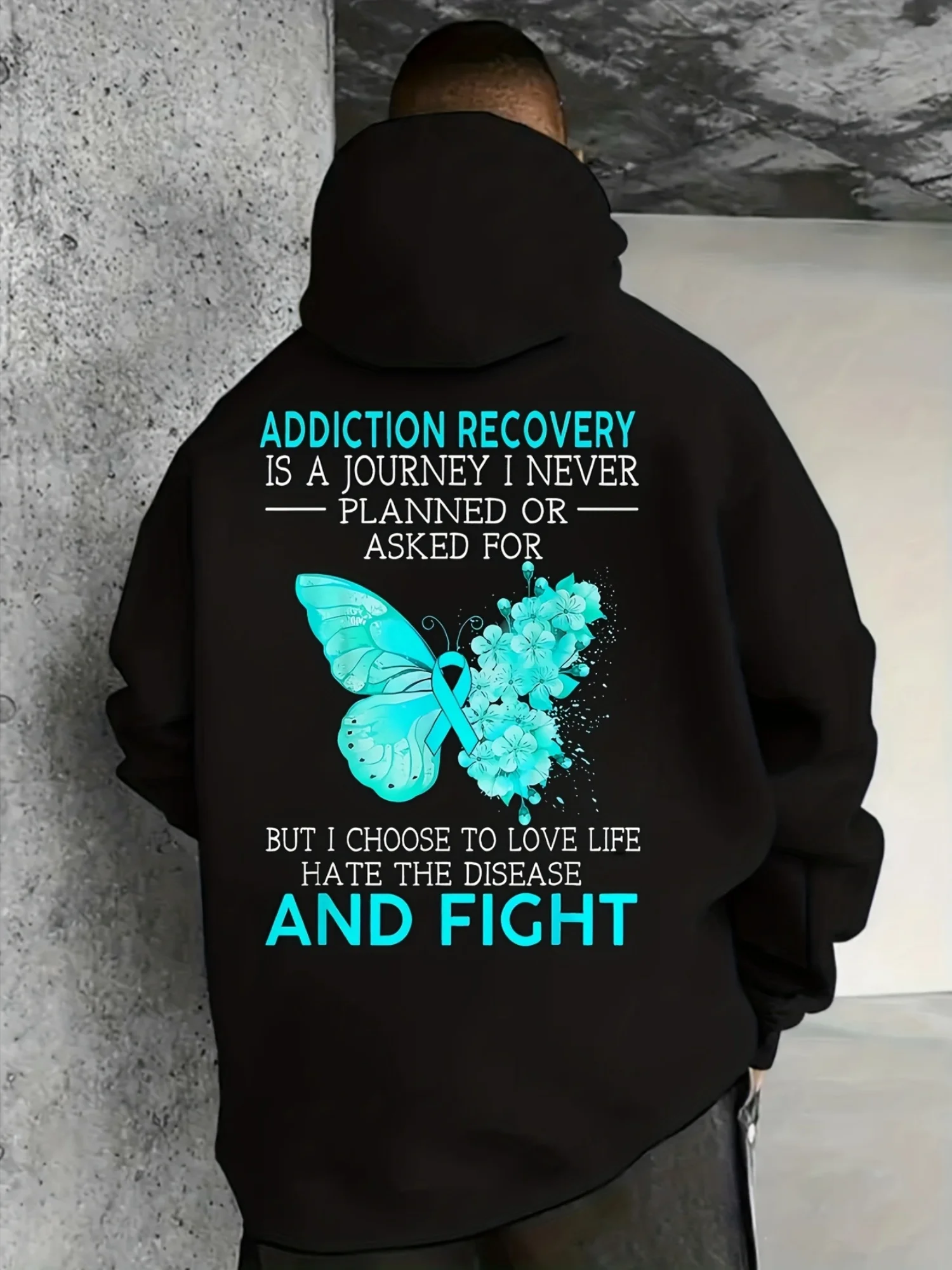 Recovery Motivational Quotes Hoodie - Black with Turquoise Butterfly and Sober Design, Unisex Comfortable Pullover, Kangaroo Pocket, Unisex Mixed Fiber, Recovery Support Clothing, Casual and Competition Day Wear