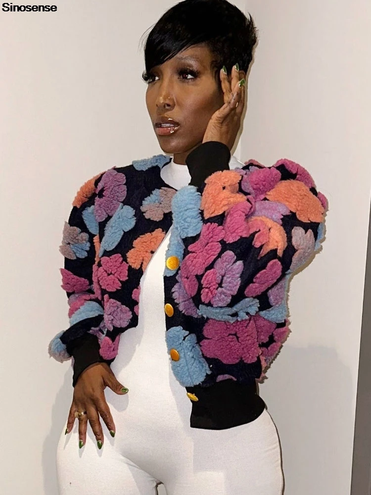 Women\'s Cropped Floral Print Jacket Long Sleeve Fleece Warm Bomber Jacket Lightweight Button Down Daily Wear Outerwear Coats