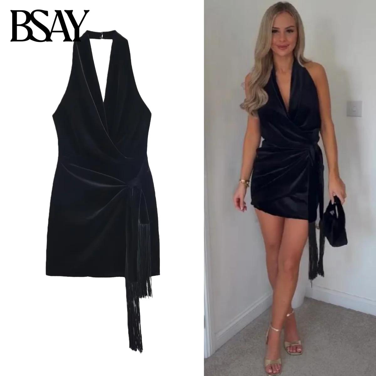 Sukienka z frędzlami z aksamitu, krótka, damska, modna, jesienno-zimowa, na przyjęcie urodzinowe, seksowna, z dekoltem typu halter, dekolt w serek, francuski szyk, damska odzież wieczorowa.