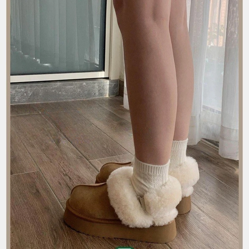 Thickened Cotton Women's Slippers 2023 Warm Outer Wear Anti-slip Winter Fleece Shoes One Step Warm Footwear Women's