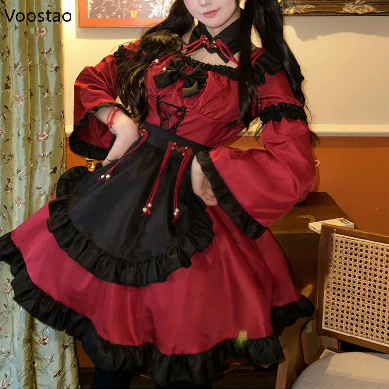 Japanische gotische lolita kleid frauen harajuku bogen maid kleider mädchen vintage y2k kleiner teufel cosplay halloween party mini kleid