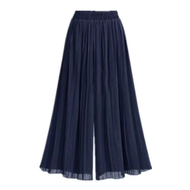 Summer Pleats Chiffon Wide-leg Pants Women Casual Black/dark green/gray white/navy blue Female High-waist Straight Pant Z424