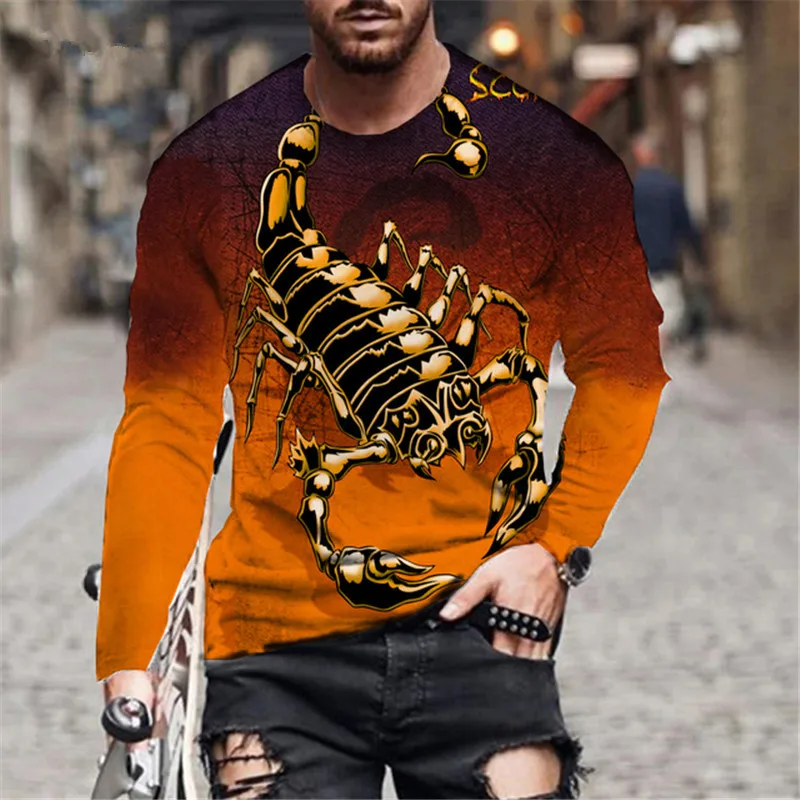 Long Sleeve Round-Neck Fashion Animal Pattern Men\'s T-Shirts Scorpion 3D Print Streetwear Pullovers Tops Loose Casual Man Tees