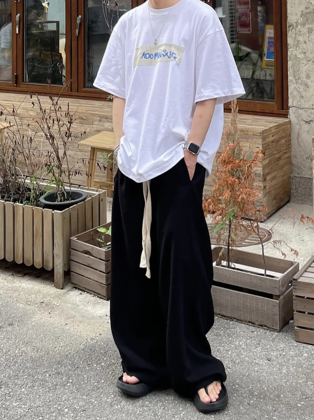 Spring Summer Loose Wide Leg Casual Sports Pants Nonnod 3D Embroidery Lightweight Drapey Elastic Waist Long Trousers