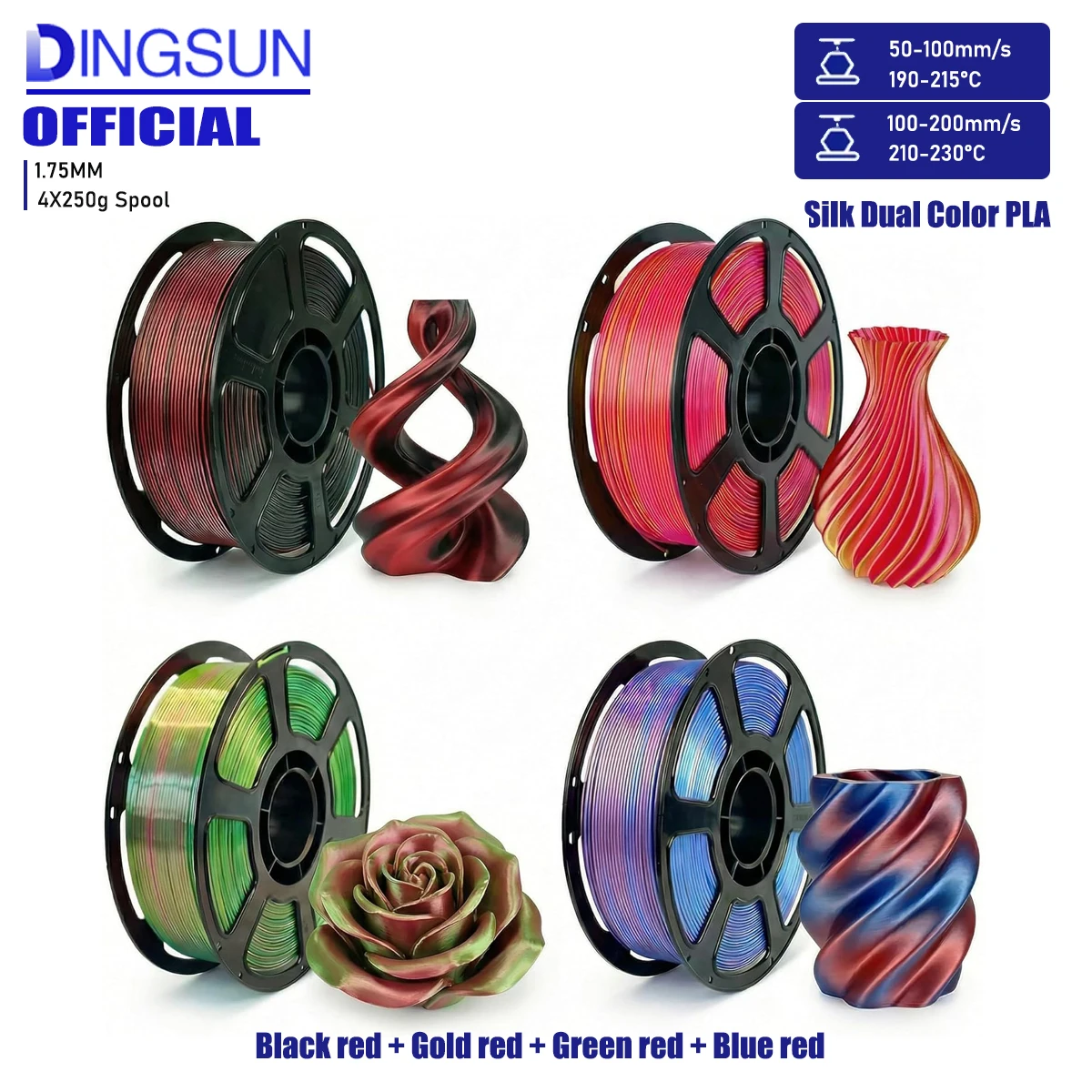 

Silk PLA Filament Bundle Multicolor 250gx4, Shiny Dual Color 3D Printer Filament 1.75mm ±0.02mm, Silky Glossy PLA 3D Printing