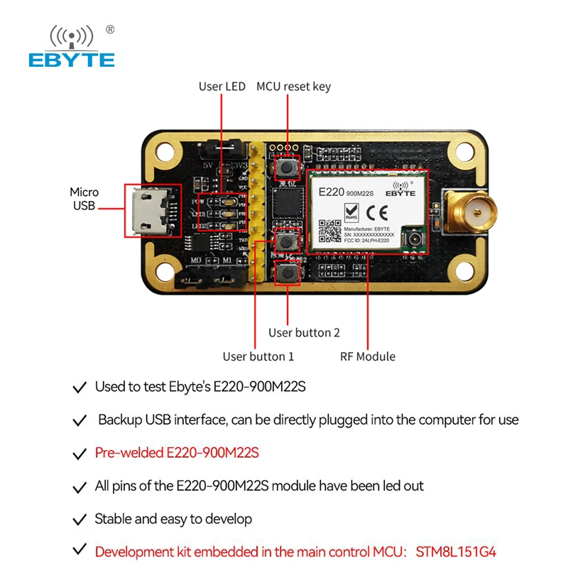 Placa de teste E220-900MBL-01 E220-900M22S Kit de avaliação de desenvolvimento Interface USB para controle principal TTL MCU STM8L151G4 Fácil uso