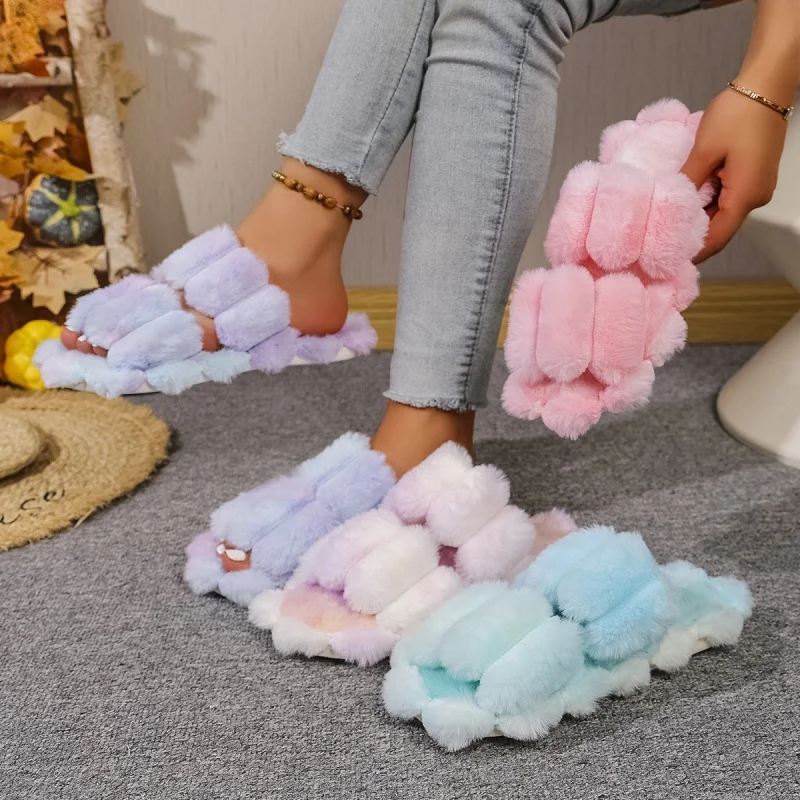 

Autumn New Arrival Plush Slippers Soft Sole Anti-Slip Breathable Thickened Warmth Stylish Gradient Candy Couples' Home Shoes
