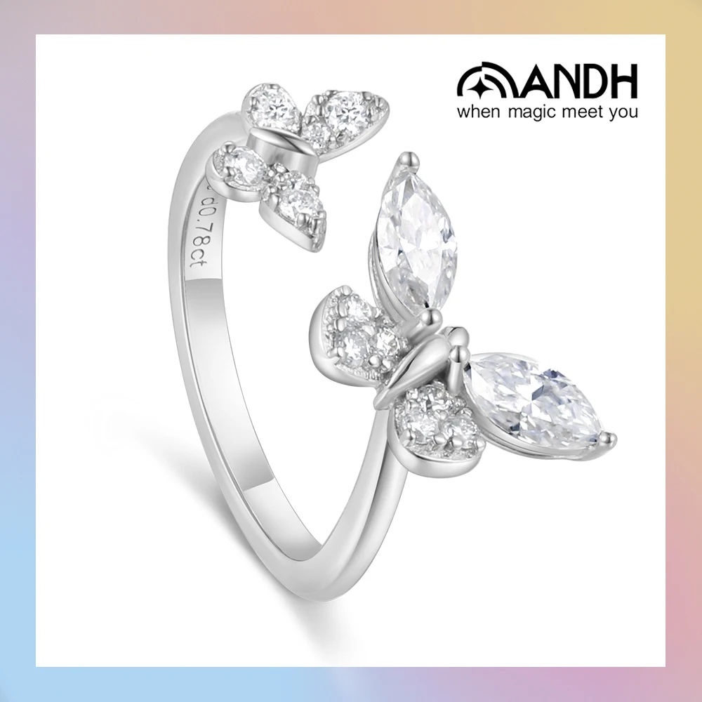 

ANDH Moissanite Butterfly Open Ring for Women Adjustable 925 Sterling Silver Birthday Valentine Anniversary Wedding Jewelry Gift