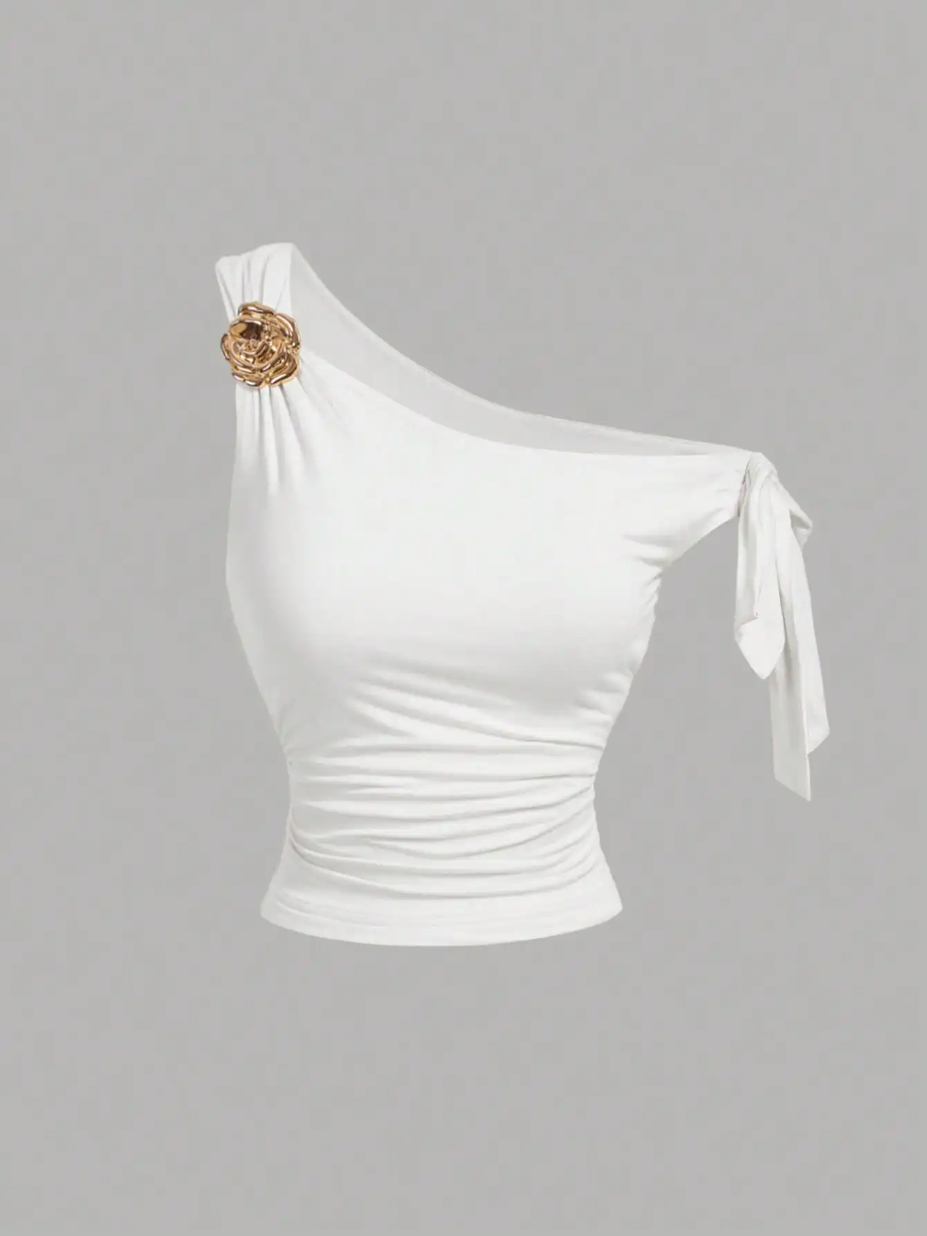 Women's Metallic 3D Floral Decor Asymmetric Neck White Camisole