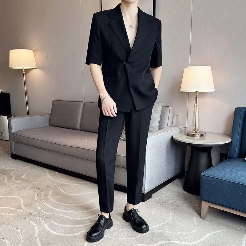 Summer Thin Short Sleeve Blazer Set Men Casual Double Vents 7 Sleeve Suit Barber Shop Work Uniform Loose Fit Trendy Outfit