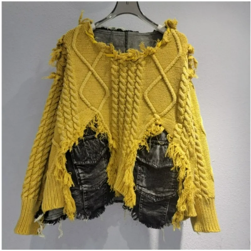 

Модный крутой индивидуалистичный стильный плетеный лоскутный джинсовый свитер с круглым вырезом и длинными рукавами, женский осенне-зимний свитер