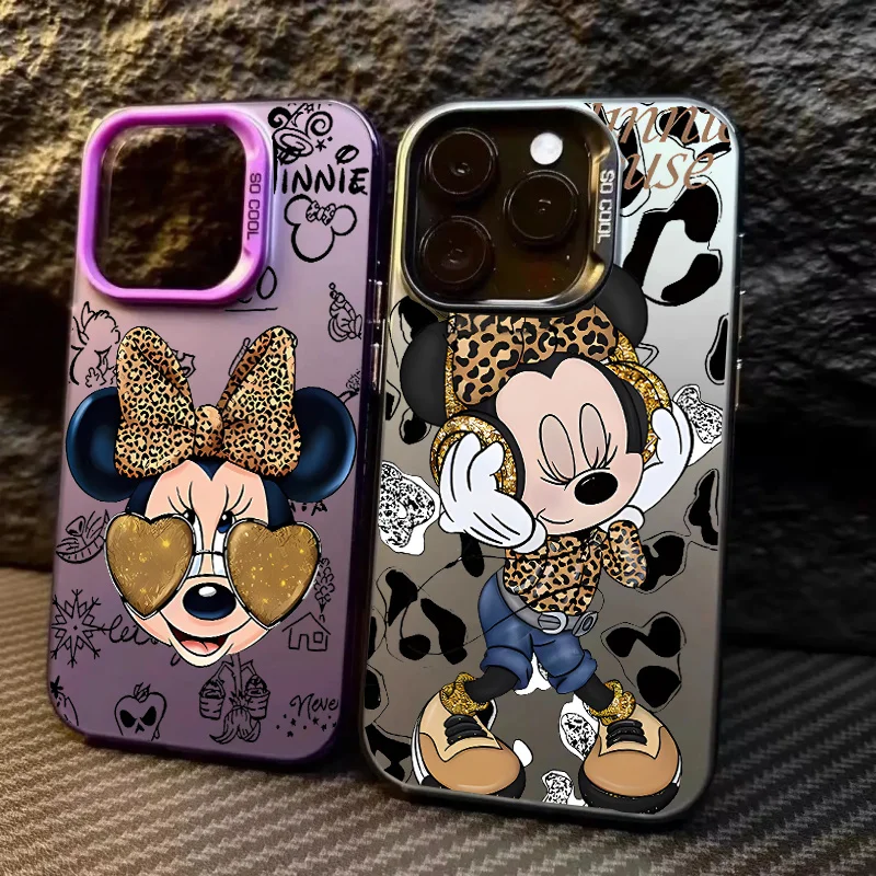 Für IPhone 17 16 15 Pro Max Plus 17 Air 12 13 Mini 16E IPhone 17Pro Fashion Leopard Painted Minnie Mickey Hard Silver Laser Case