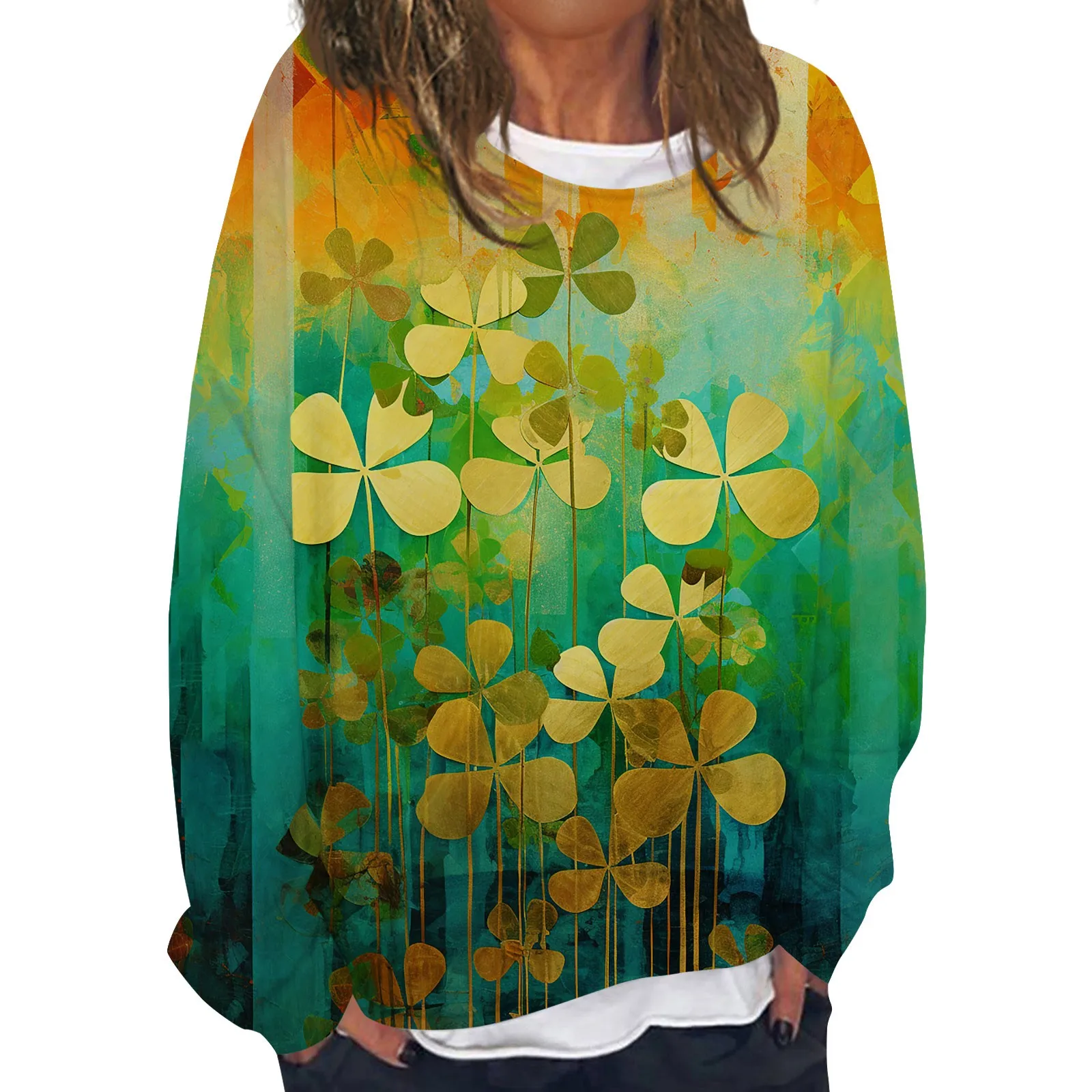 Women T Shirt Clover Print 2024.3.17 Happy St. Patrick’S Day Round Neck Long Sleeve Tops Carnival Ireland Festival Lucky Bless