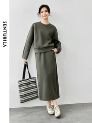 SENTUBILA Women Knit Skirt Set 2024 Autumn Casual O Neck Sweatershirt Straight Slit-hem Long Skirt Solid 2 Piece Set 143Z56270