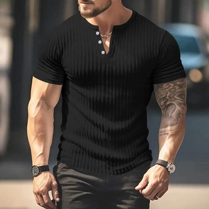 

Men's Slim Fit ort Sve T-irt Henry Sle Stripes Top Summer Briti Sle Plain Color Casual Wear Autumn Season