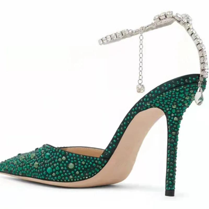 Green Rhinestones High Quality Design Women Shoes Fashion Show Sexy Pointed Toe Stiletto Ladies Feast Shoes Tacones Para Mujer