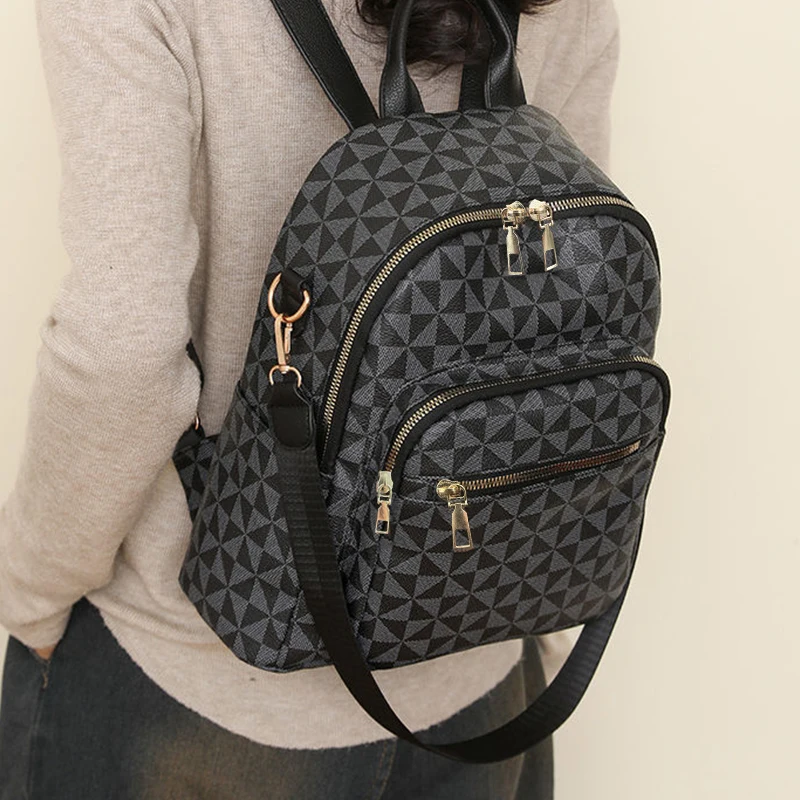 Mochila de PU suave con estampado para uso diario, almacenamiento multicapa, correa ajustable, bolso de moda para mujer, estilo casual para la calle