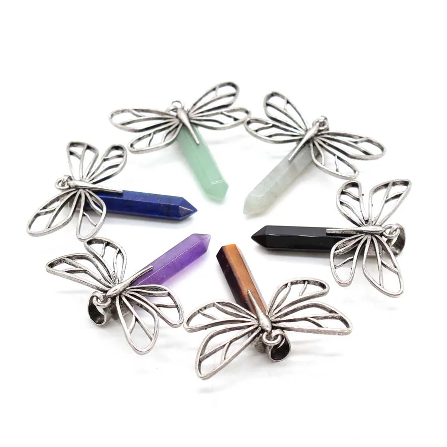 كريستال حجر اليعسوب المعلقات الجمشت الطبيعي روز كوارتز اللازورد العقيق عين النمر الأحجار الكريمة سداسية قلادة مجوهرات #2