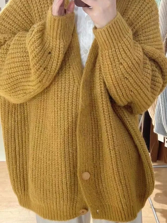 Weiche Reine Farbe Strickwaren Strickjacke frauen Lose Fit Herbst Winter Warme V-Ne Lange Sve Fufu Pullover Koreanische Sle top