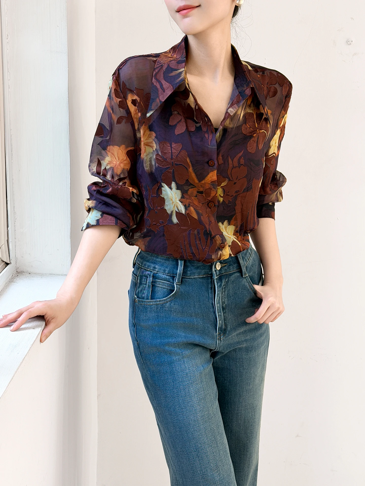 

French Sle Loose Women's irt arp Collar Inner Wear Micro Transparent Spring New Arrival Top Faionable Breathable