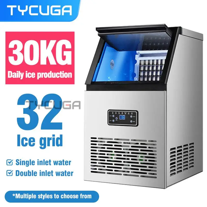 

Automatic Ice Maker Machine 30KG/24H Ice Maker Commercial Milk-Tea/Cafe/Bar Shop 22*22mm Cube Shape 2 Inlet Add Water Self Clean