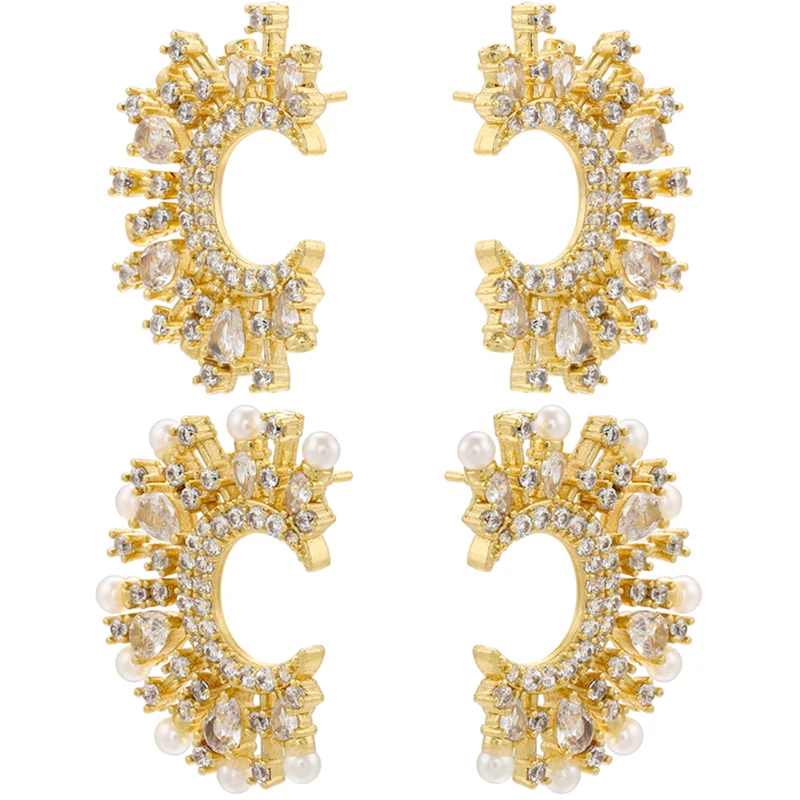 ZHUKOU pearl moon stud earrings korean Cubic zirconia lady piercing earring elegant dinner party fashion jewelry Wholesale VE811