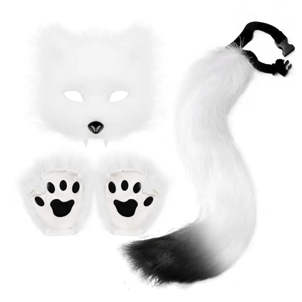 Fluffy Fur Tail Mask Gloves Cat Paws Gloves And Wolf Therian Mask Set For Halloween Cosplay Costume Accessories Therian Mask Set