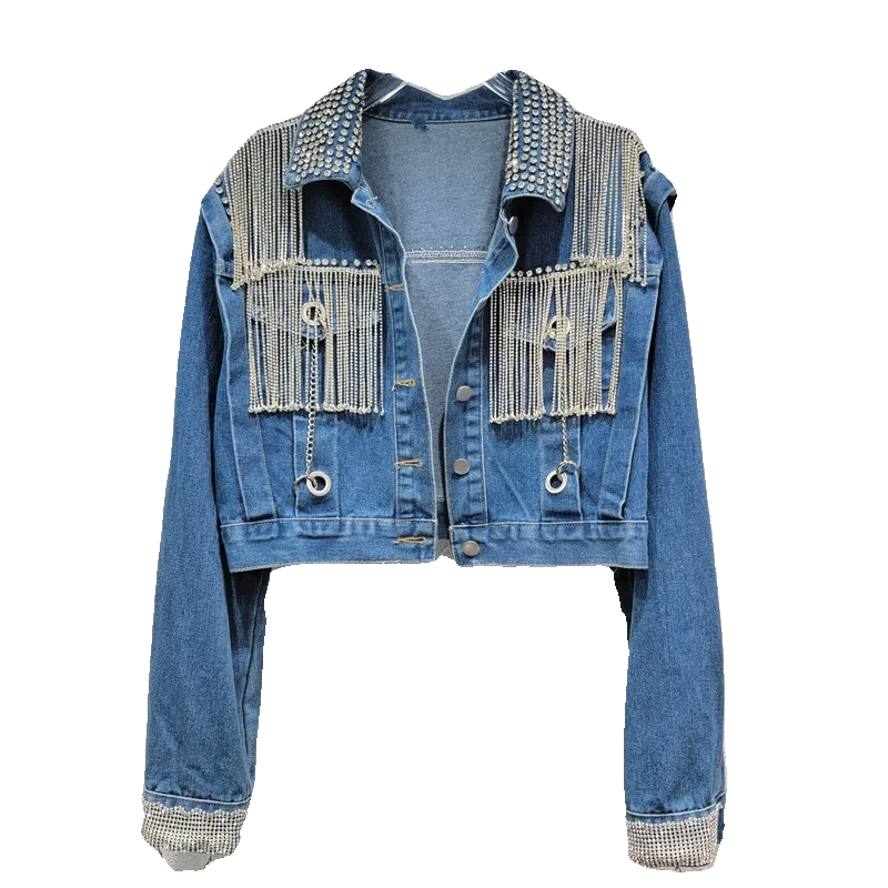 Dames Korte Design Denim Jas 2024 Nieuwe Losse Afslankende Zware Werk Strass Kwastje Handgemaakte Kralen Jean Jasje Mode Top