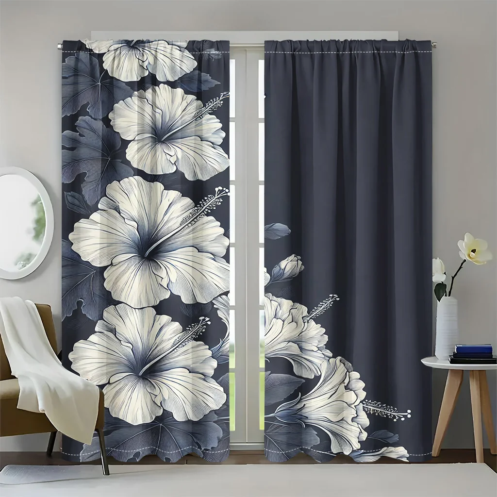 2pc Navy blue hibiscus flower curtains, made of polyester, machine washable, suitable for bedroom and living room décor.