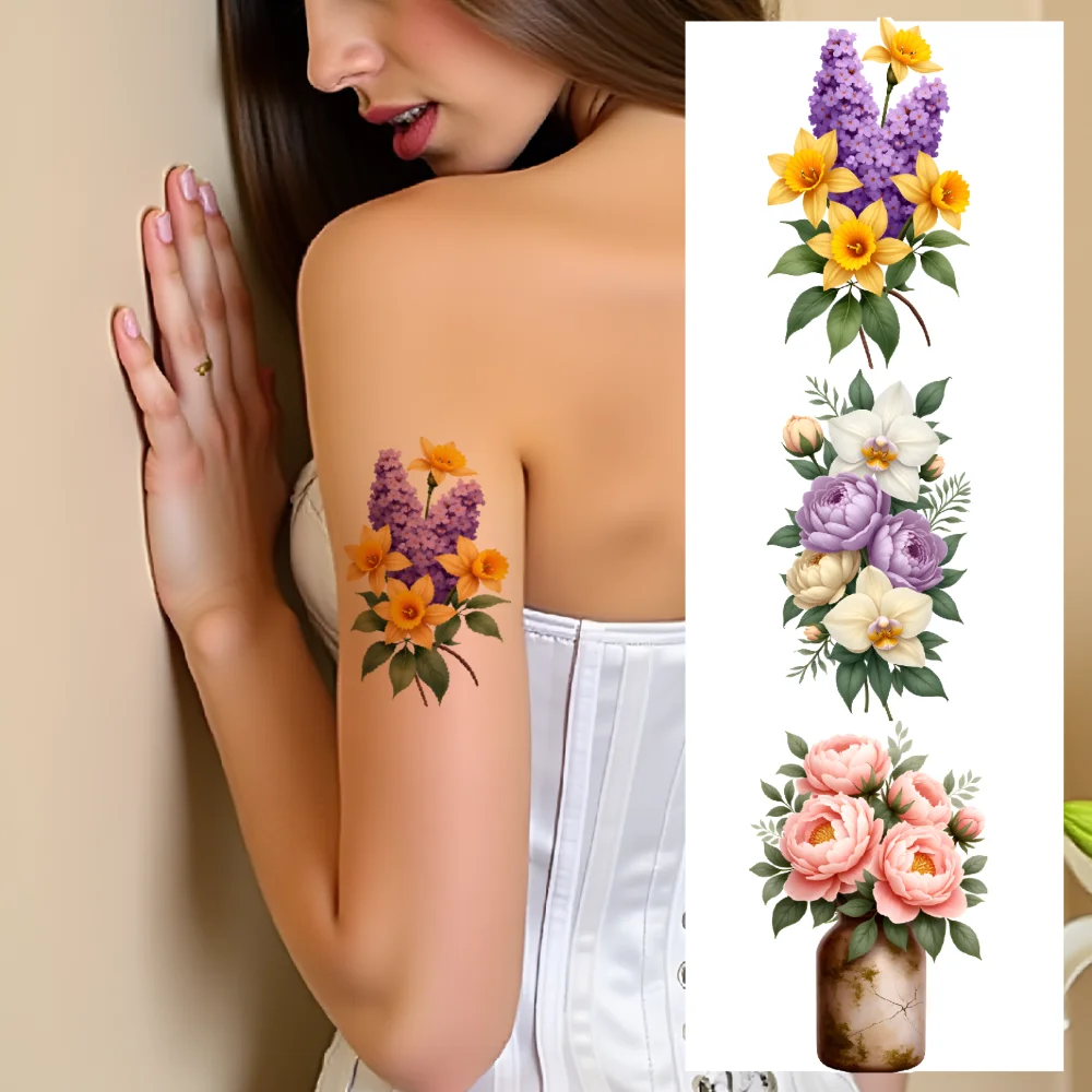 

9pcs Temporary Tattoo Flower Bouquet Waterproof Long-lasting Body Stickers Floral Arrangement Illustration For Girls Men Arms