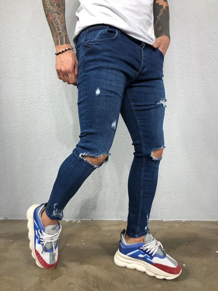 Fashion Street Style Knee Ripped Skinny Jeans Men Vintage Wash Solid Denim Trouser Mens Casual Slim Jogging Pants Men Clothes