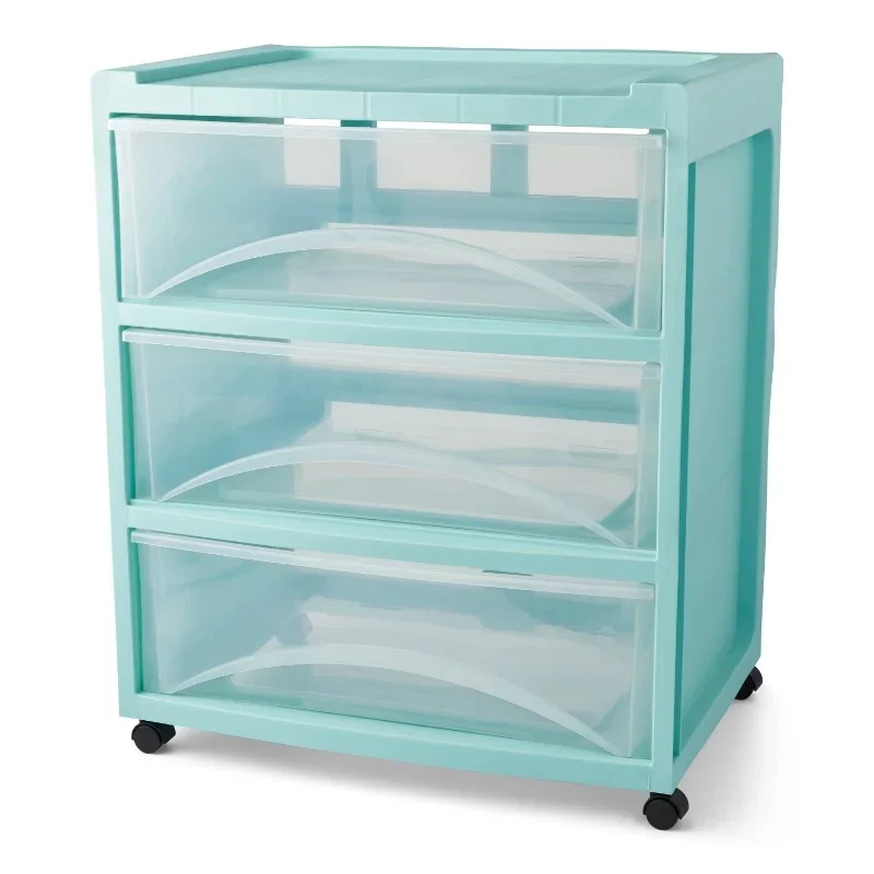 

new 3-Drawer Wide Plastic Storage Cart, Mint, with Casters-Home