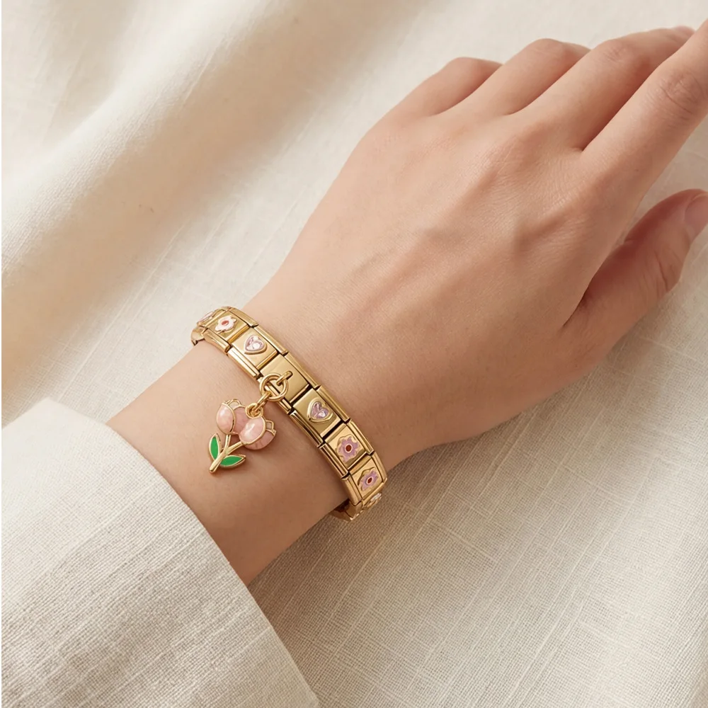 Gold Color Italian Stainless Steel Heart Flower Charm Combination Module Bracelet for Lover Gift Eelastic Setachable Strap Chain