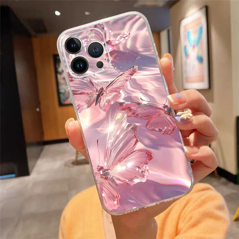 

Pink Butterfly Phone Case Carcasa Funda For iPhone 17 Pro Max Air 16 15 14 13 Pro Max 15 16 Pro 15Plus Case