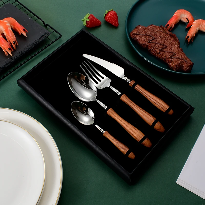 Набор столовых приборов в форме тыквы, деревянная ручка, посуда из нержавеющей стали, ложки, вилки, ножи, набор столовых приборов