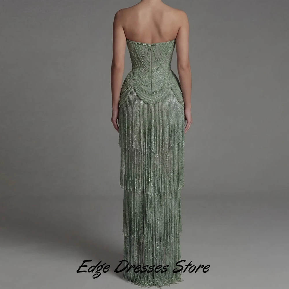 Luxury Tassel and Beading Celebrity Gowns Elegant Strapless Sleeveless Customized Evening Dress Sparkly Sequined Prom Dresses