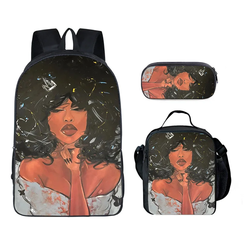 

Cartoon Popular Novelty Funny African girl 3D Printed 3pcs/Set Student School Bags Laptop Daypack Backpack Lunch bag Pencil Case