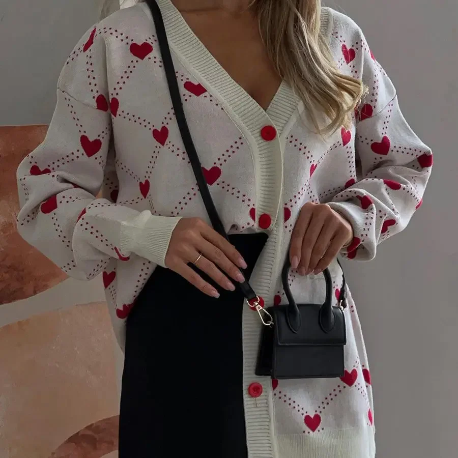 Heart Pockets Pink Cardigan Knit Sweater Women Spring Autumn Winter Maxi Soft Loose Coat White Long Knitted Jacket Cardigan