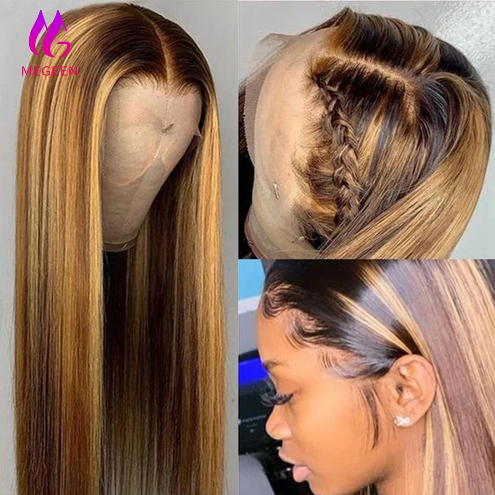 

Megeen 100% человеческие волосы хайлайтер P427 цветной прямой 13X 4 кружевной передний парик человеческие волосы светлый кружевной передний парик выщипанный медовый