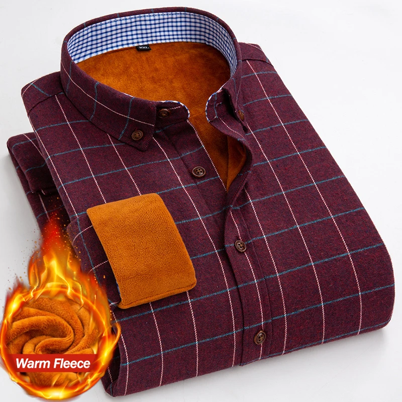 Warm Shirt Winter Men's Fleece Classic Plaid Long Sleeve Shirts Comfort Slim Casual Business Plush Velvet Thicken Shirt Dress