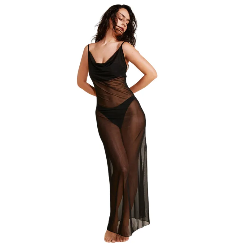 섹시한 메쉬 홀터넥 비키니 맥시 롱 드레스를 통해 볼 뜨거운 여성 민소매 스키니 자정 휴가 해변 Clubwear 파티 베스 티드