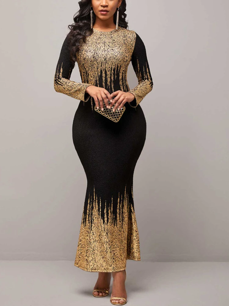 Elegant Mermaid Party Dress For Women Gold Printing O Neck Long Sleeve Vintage Bodycon Evening Occasion Gowns Big Size 4XL 2023