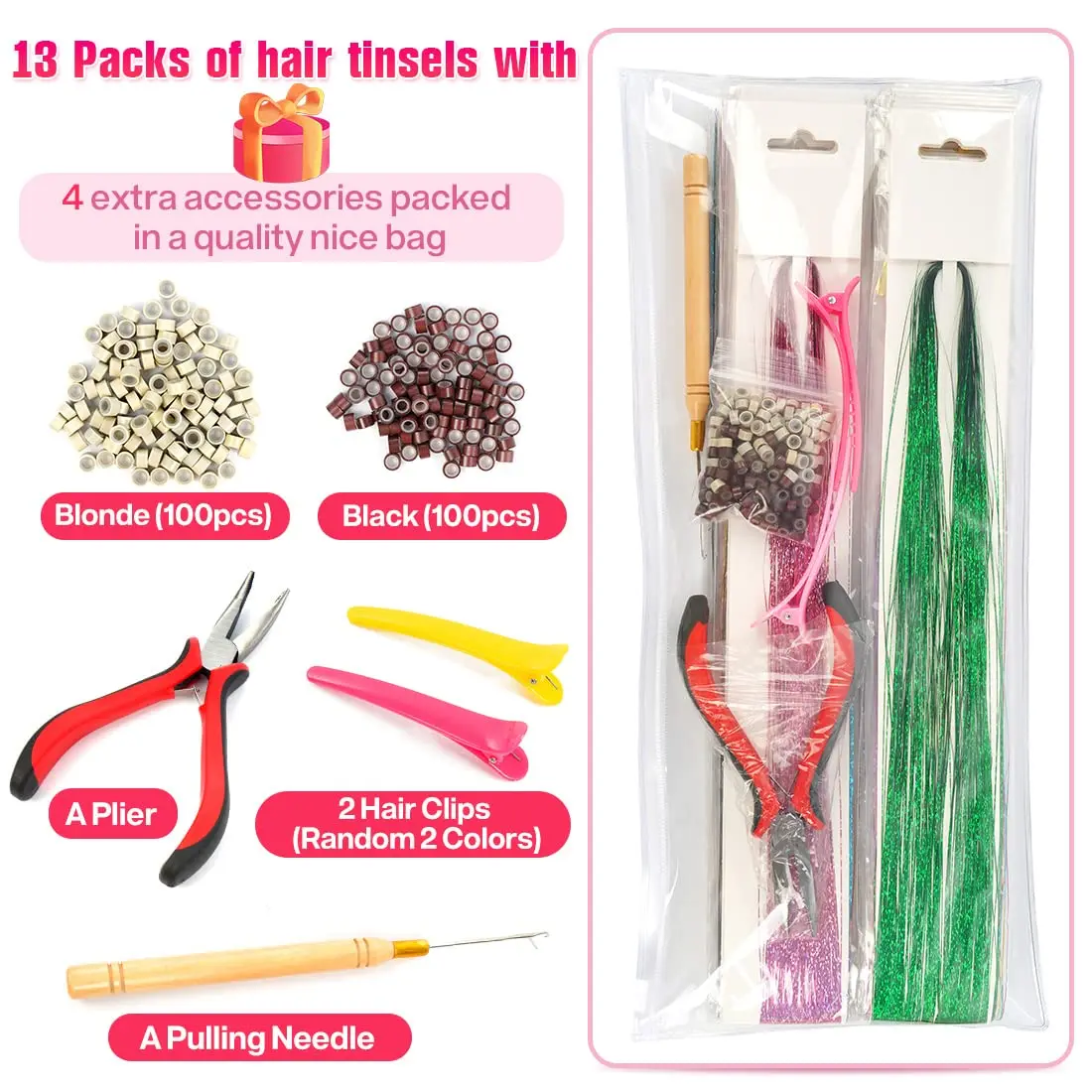 Hair Tinsel Kit with Tools 47Inch Glitter 13Colors 2600 Strands Colored Hair Extensions for Women Girls Fairy Hair Tinsel